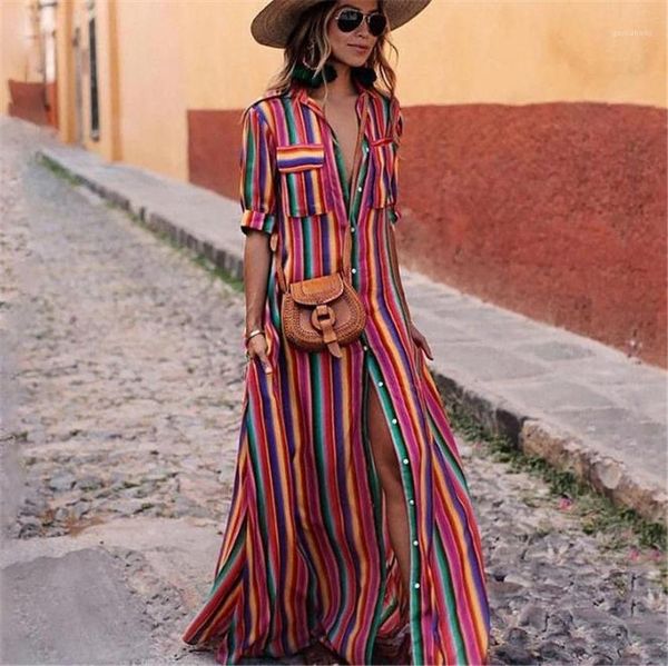

loose a-line ladies dresses casual half sleeve femme dress striped womens bohemian dresses long lapel neck, Black;gray
