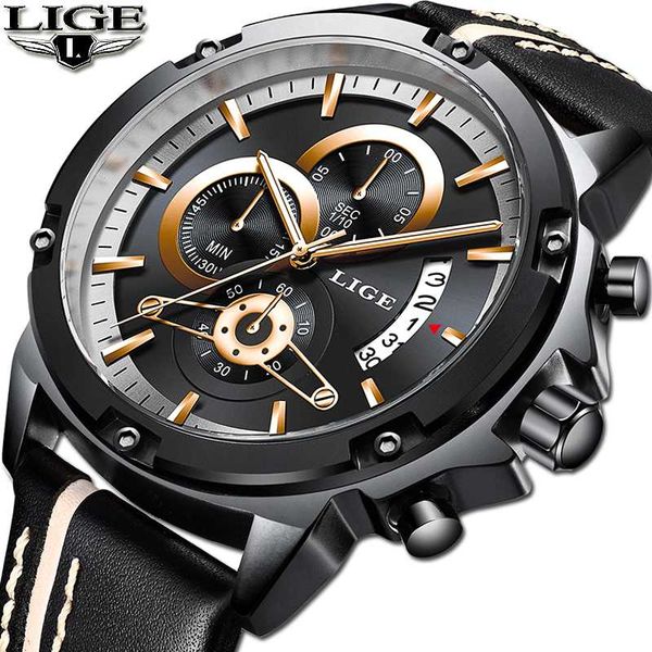 

lige 2020 men watch waterproof chronograph date quartz watch men's leather sport men relogio masculino, Slivery;brown