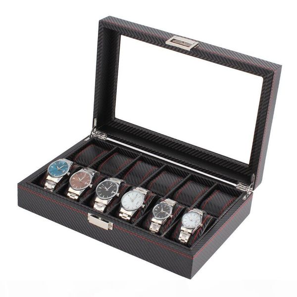 

outad 12 slots luxury carbon fiber watch box jewelry watch display storage holder rectangle black leather case, Black;blue