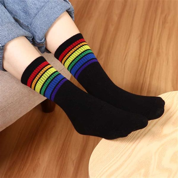 

winter womens socks cotton rainbow stripes socks christmas fashion warm casual tide socks harajuku korean 1 pair christmas gift, Black