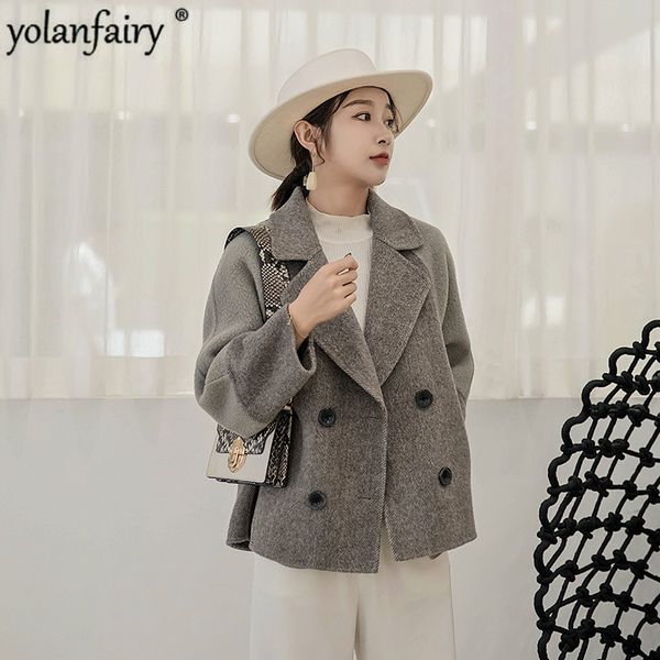 

women's wool & blends double breasted coat women short alpaca oversized korean jacket spring autumn handmade overcoat zhj5055 kj4062, Black