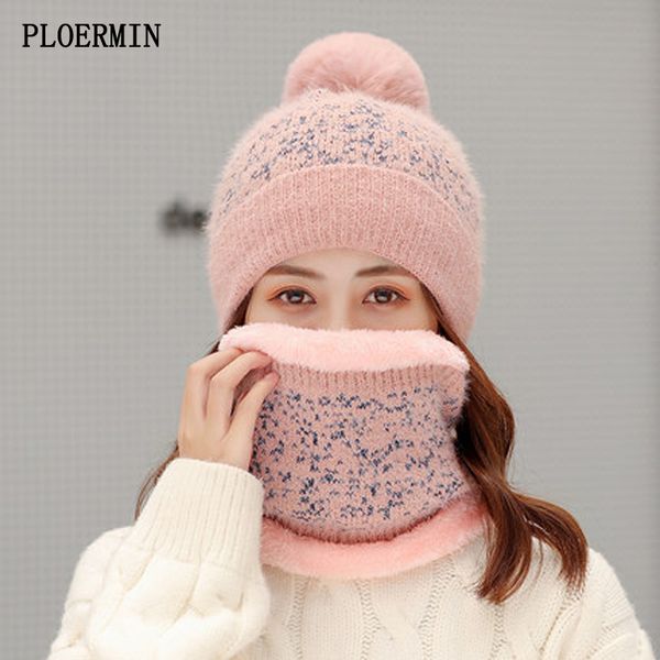 

new winter women's velvet wool hats gold wire jacquard beanies skullies hat female riding keep warm bib knitted hats scarf sets, Blue;gray
