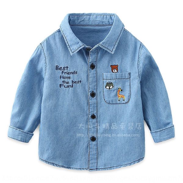 

1229-18 embroidered shirt 2020 season new cartoon letter embroidery boy lapel long sleeve denim shirt, White;black