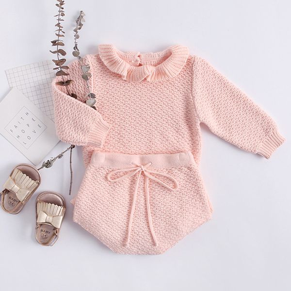 

autumn pink knitted suits long sleeve sweater+pp short 2pcs kids suits baby kids clothes sets sweater girls sets ruffles, White