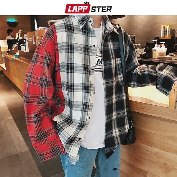 

lappster men patchwork black shirt long sleeve 2020 mens japanese streetwear hip hop shirts male black designer cotton shirt, White;black