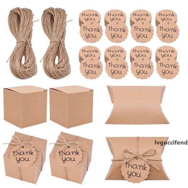 

50pcs square pillow kraft paper candy boxes gift bag with thank you tag baby shower birthday wedding party decoration gift favor