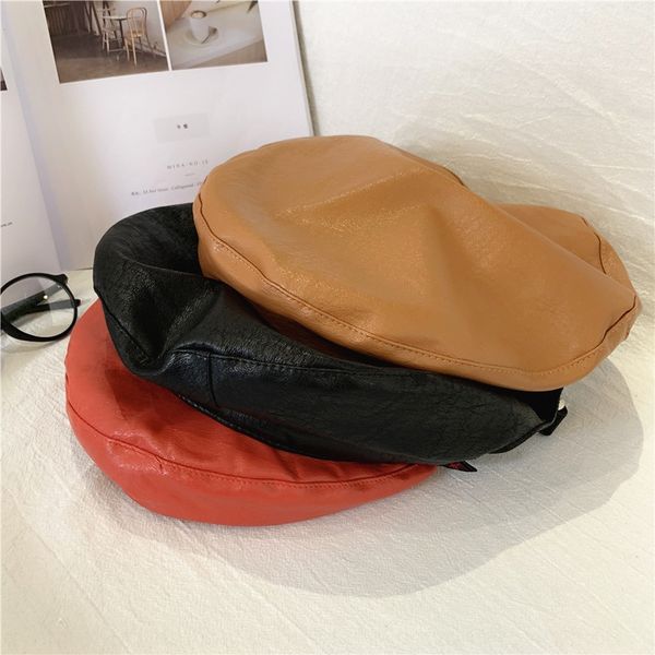 

bright colorful multi-color soft leather pu beret women's korean autumn fashion chic wind net red beret tide, Blue;gray