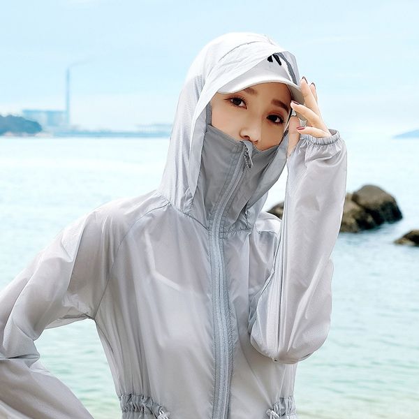 

new skin sports suit outdoor sports outdoor sportswear sunscreen coat large size girls' mid-length loose long sleeve sunshade coat, Tan;black