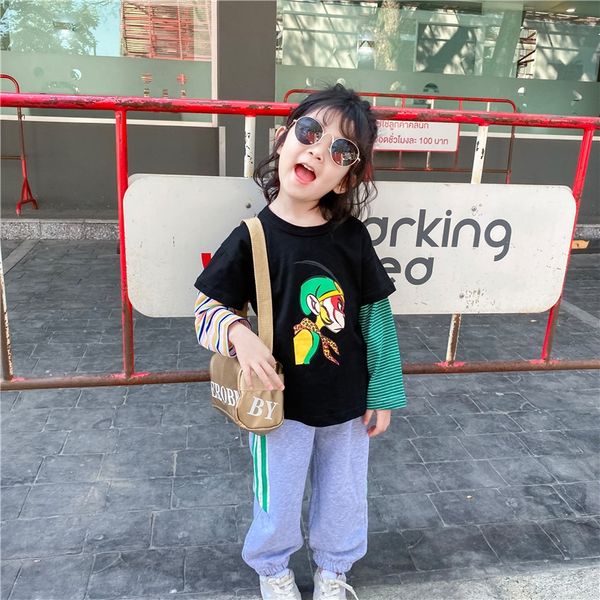 

zwdki wear korean children's t-shirt children's clothing style boys' and girls' neutral autumn cartoon personalized stri, White;black