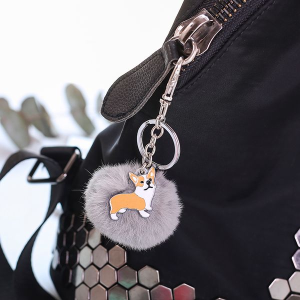 

corgi dog key chain fur pom pom key chains fashion round fluffy fashion bag charm keychain charm keyring jewelry high quality, Silver