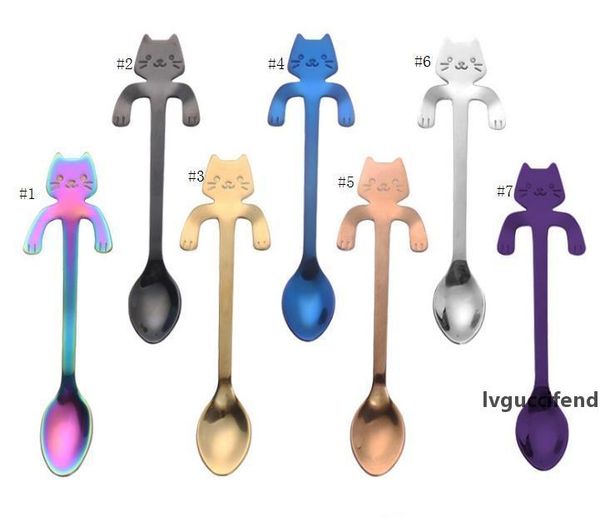 

7 colors new stainless steel coffee tea spoon mini cat long handle creative spoon drinking tools kitchen gadget flatware tableware sn1185
