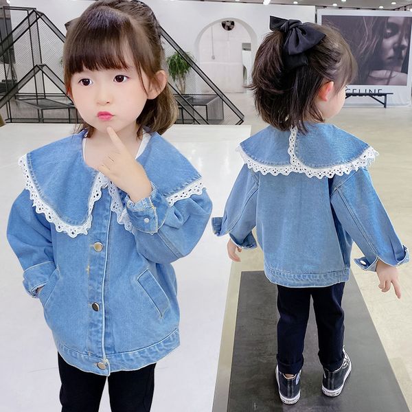 

kids designer clothes 2020 lace collar denim jacket korean style loose casual jacket children's jeans jeans generation, Blue;gray