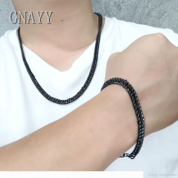 

для моды мужской комплект ювелирных изделий из нержавеющей стали черный снаряженная звено цепи ожерелье + браслет комплект 7мм 24 дюймов + 8, Silver