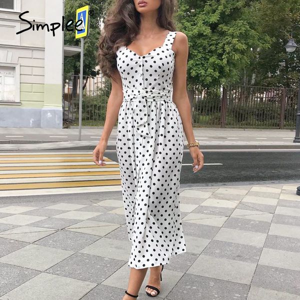

simplee polka dot women dress sleeveless buttons belt bodycon beach midi dress streetwear casual beach wear holiday summer, Black;gray