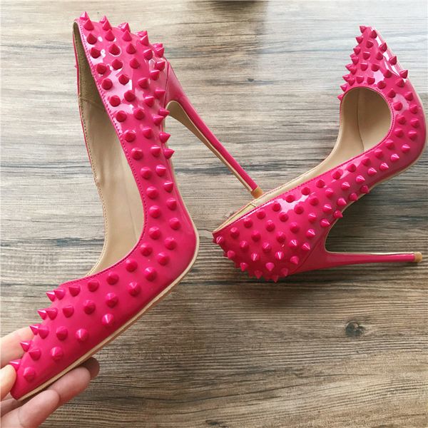 

fashion women fuchsia patent leather studde spikes rivets pointy toe high heels pumps shoes stiletto heeled 8cm 10cm 12cm, Black