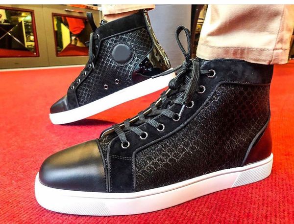 

black fish patten mesh leather men's red bottom high sneakers casual walking,outdoor designer red sole elegant skateboarding eu35-47
