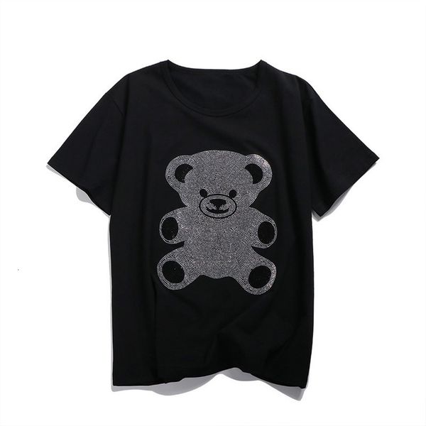 

summer 2020 new korean of the short sleeved t shirt v neck female loose fashion with rhinestones tee cotton plus size, White