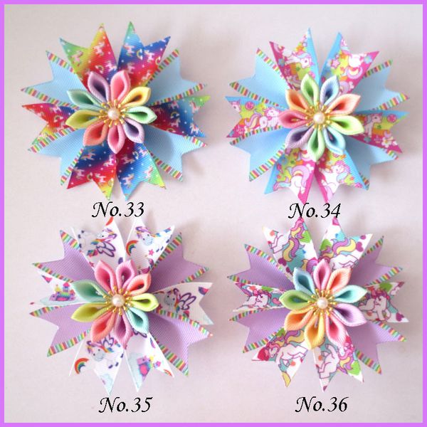 

50 girl 3.5" fairy hair bow clip b- unicorn flower happy lo dol surp baby y200710, Slivery;white