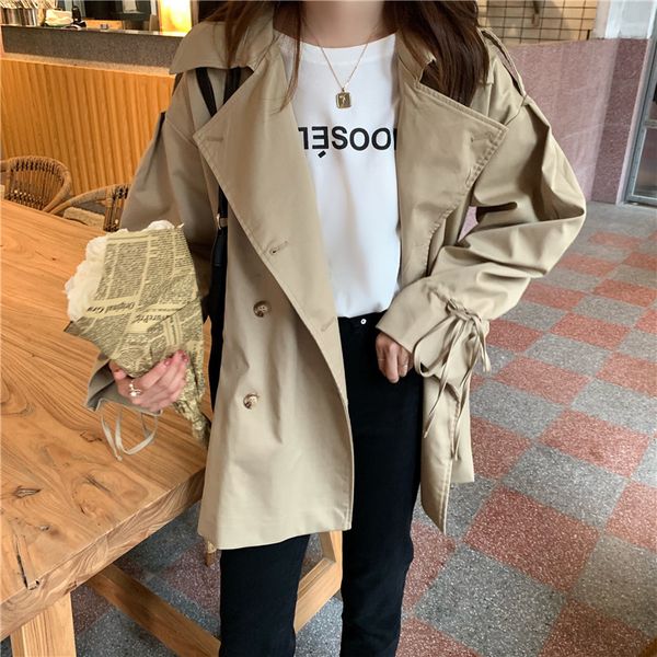 

ewq] 2020 spring new minimalist turn-down collar full sleeve plus size women trend coat khaki women outerwear coats qz41104, Black;brown
