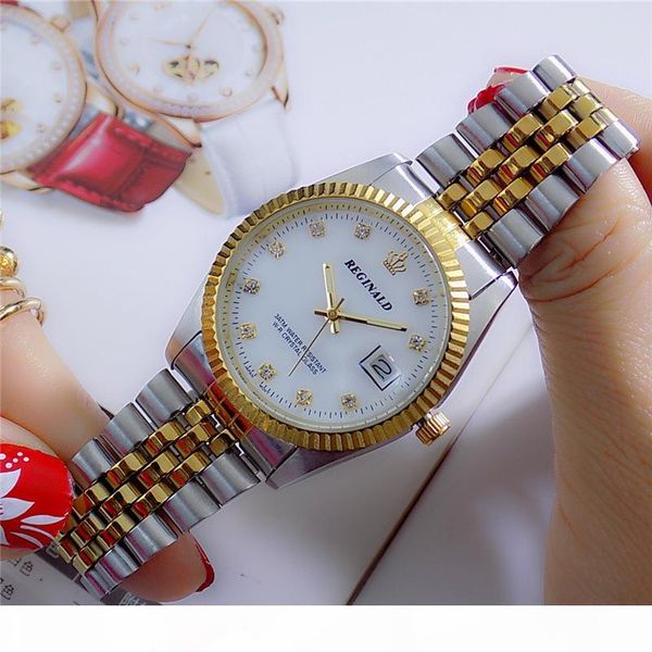 

fashion 2018 reginald quartz watch men woman lovers gold fluted bezel diamond dial full stainless steel luminous clock, Slivery;brown