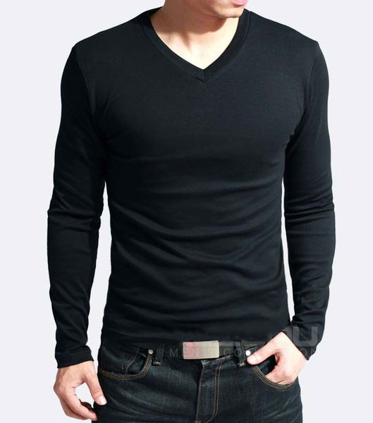 

autumn mens designer casual tshirts slim solid color v neck long sleeve casual male clothing, White;black