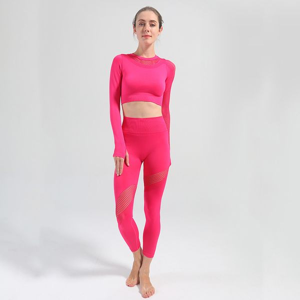 

выдалбливают бесшовные йога набор женщин gym одежда спортивная gym леггинсы с длинным рукавом фитнес crop top 2 шт тренировка одежды, White;red