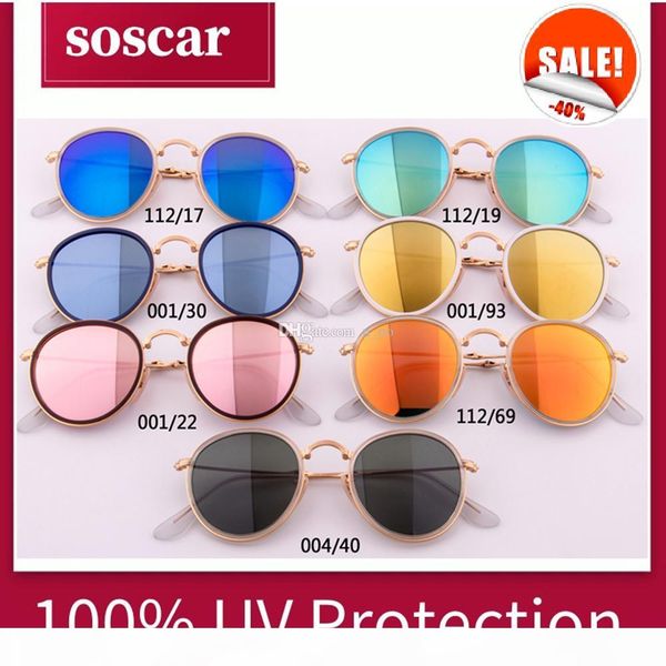 

3517 round folding metal sunglasses retro sunglasses for men women sunglasses flash mirror lenses 50mm with folding box, White;black