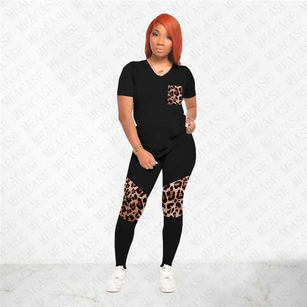 

women two pieces set outfits leopard patchwork color print v-neck short sleeves t shirt pants leggings tracksuit sports suit d72702, White