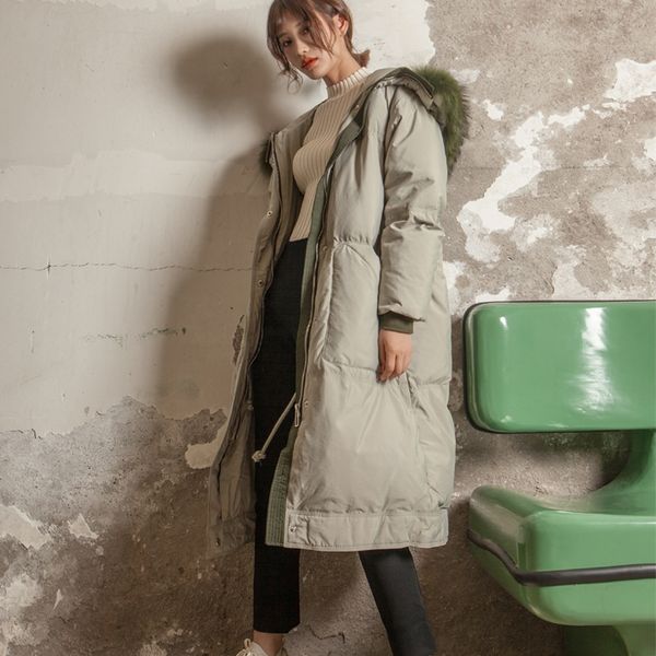 

xi yue designer women's clothing 2019 winter new contrast color fur down jacket collar hooded long down jacket for women, Black