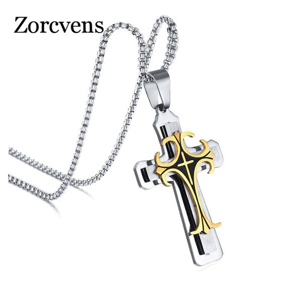 

zorcvens men's stainless steel large fleur-de-lis cross 3-tone pendant necklace 24" chain, Silver