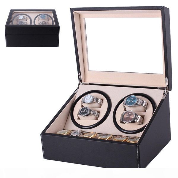 

u 6 +4 automatic watch winder box pu leather watch winding winder storage box collection display double head silent motor, Black;blue