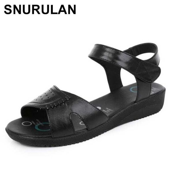 

snurulan 2020 summer cowhide hollow fashion leather sandals soft comfortable casual wedge sandals light concise women, Black