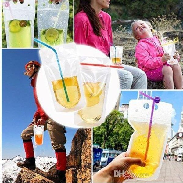 

150pcs clear drink pouches bags frosted zipper stand-up plastic drinking bag with straw with holder reclosable heat-proof 500ml t ruxpod
