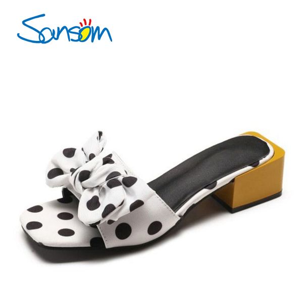 

kemekiss women sandals fashion dot print summer beach slippers 2020 new sweet bowknot high heels casual shoes women size 35-40, Black