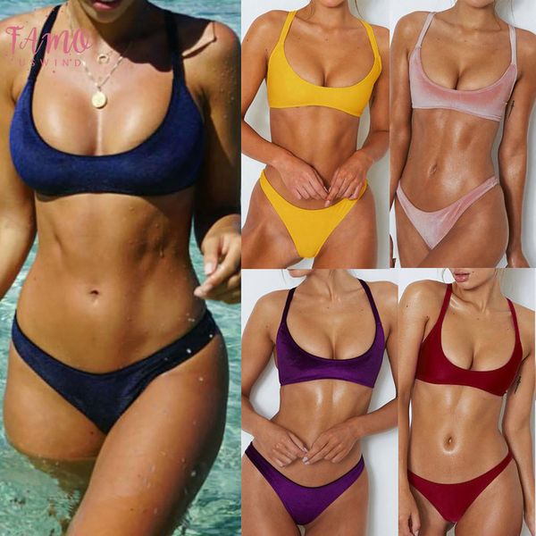 

2020 swimsuit women solid bandages velvet bikini sets two piece swimsuits swimwear beach suit bikini lingerie 10, White;black