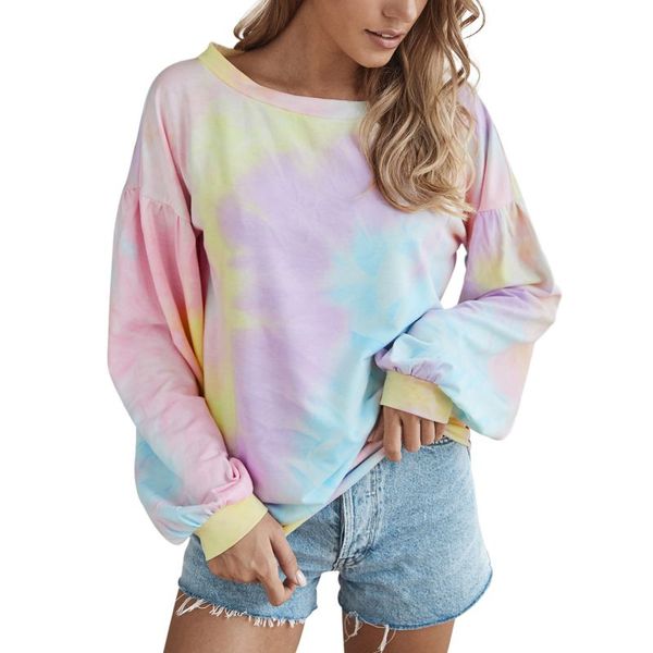 

women's t-shirts round neck long-sleeved loose casual 2020 new popular tie-dye t-shirt camiseta saco, White