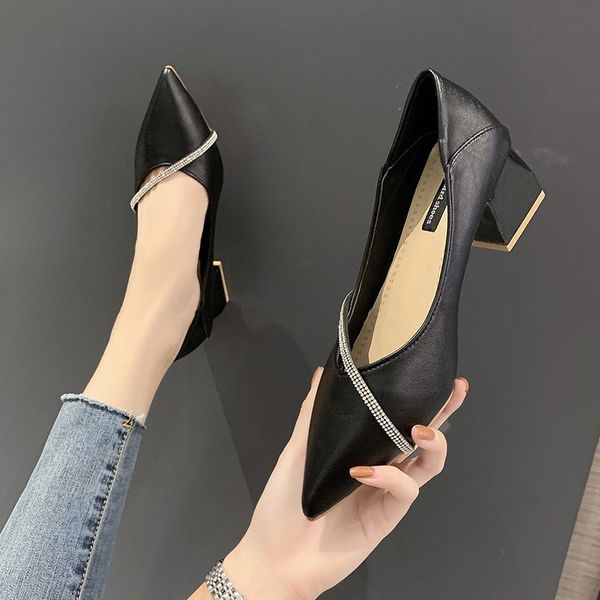 

2020 середины пятки моды квадратного каблук дама заостренный носок женская модельная обувь партия свадебный большого размер насос b884, Black