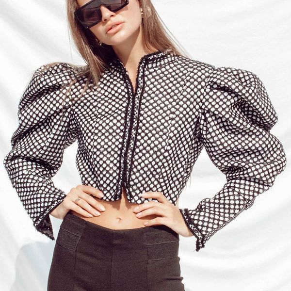 

women's blouses & shirts vintage plaid women blouse shirt autumn 2021 o neck single breasted puff sleeve crop outerwear retro fashion s, White