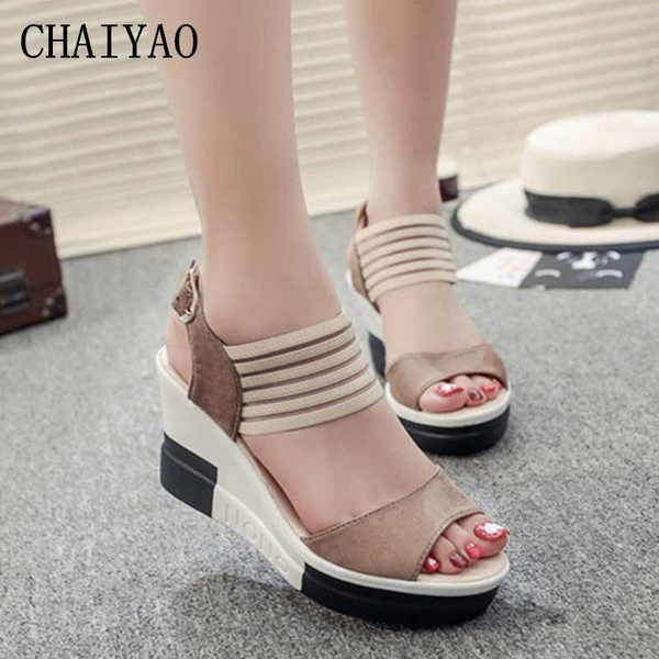 

women high heel sandals 2020 summer new fashion open toe elastic band platform female shoes leisure soft wedges ladies footwear, Black