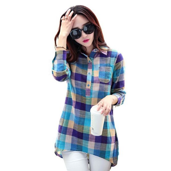 

2020 women plaid blouses cotton long sleeve turn down collar shirts arrival, White