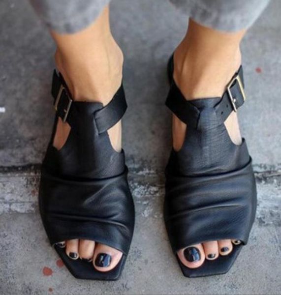 

summer new europe and the united states women's shoes leisure fish mouth buckles bigger sizes hollow out flat sandals, Black