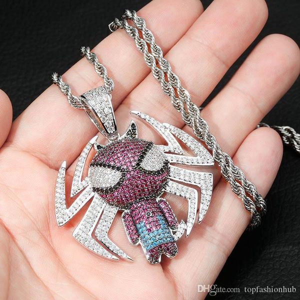 

hip-hop cartoon spider-man men's pendant necklace iced out cz chains punk silver color charms necklace