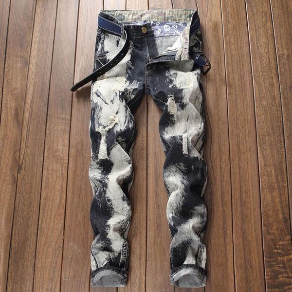 

men's jeans denim pants moto slim fit straight distressed trousers, Blue