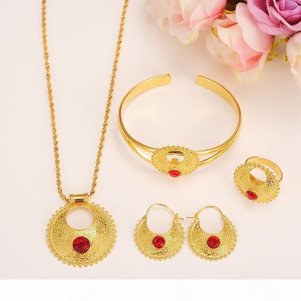 

ethiopian set jewelry pendant earrings ring bangle solid 14k solid gold gf fine cz red ruby africa bride wedding eritrea party gift, Black
