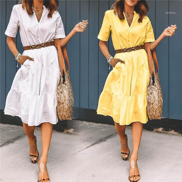 

dress casual women shirt dresses v neck solid color short sleeve a line dresses fashion women summer, Black;gray
