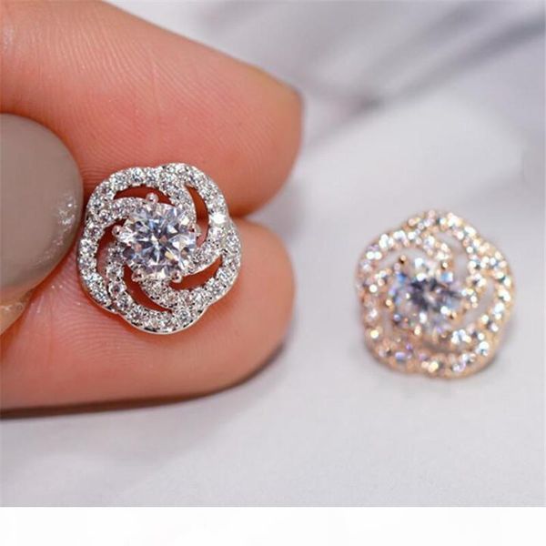 

s handmade women 's fashion jewelry 925 sterling silver round cut white z cz diamond gemstones women wedding rose flower stud, Golden;silver