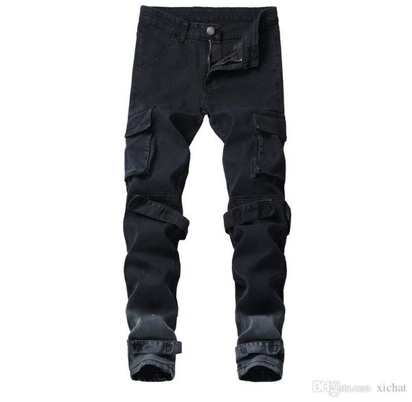 

2019 design slim fit ripped patch jeans hi-street mens distressed denim joggers knee holes washed big pocket jeans biker jeans 105, Blue