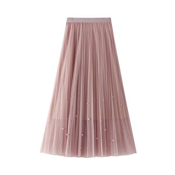 

pleated pink midi skirts chiffon women 2020 summer beading velvet elegant gentle lady sweet casual long skirt tulle skirt, Black