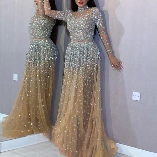 

bronze long-sleeved dance dress elegant temperament glossy slim dress turtleneck ball gown with sequins, Black;gray