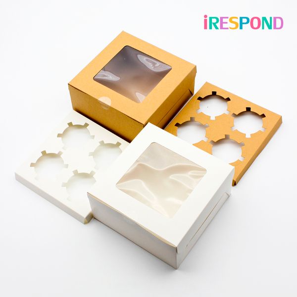

6pcs brown kraft paper box with window candy muffin cake boxes wedding gift craft box packagin white paper 4 cup cake holder